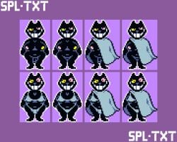 anthro balls bedroom_eyes big_breasts big_penis black_body breasts clothed clothing deltarune digital_media_(artwork) domestic_cat felid feline felis female friend_(deltarune) fur genitals gynomorph heterochromia hi_res intersex looking_at_viewer mammal narrowed_eyes nipples nude penis pixel_(artwork) robe robe_only seductive simple_background smile solo splashtext swimwear teeth text undertale undertale_(series)