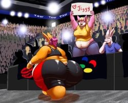 jiggly_(kazecat) kazecat huge_ass wrestling sign rabbit_girl male female chubby_female crowd
