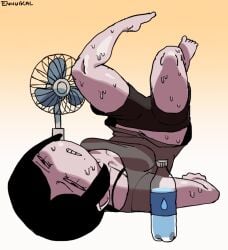 ennuikalart trudy_(ennuikal) gertrude_"trudy"_tennacy_(ennuikal) original original_character oc upside-down sweat sweatdrop sweating sweaty sweaty_body short_hair black_hair raven_hair belly_button short_pants bob_cut grey_shirt black_pants fan water_bottle gradient_background beige_background no_background posing aged_up boobs medium_breasts spread_breasts breasts cleavage boob_bulge mob_face uncomfortable dot_eyes simple_background simple_shading simple_eyes simple_coloring simple_face simple simple_drawing glistening glistening_body white_skin white_skinned_female