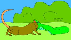 balls blue_eyes brown_body brown_fur day duo feral fur genitals grass green_body head_in_mouth male male/male male_feral mammal murid murine nude oral_vore outside plant rat reptile rodent scalie shrub sky snake tail urbanhermit vore