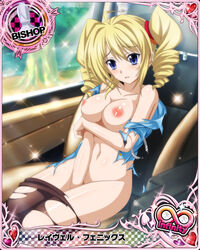 ahoge areolae blonde_hair blue_eyes blush breasts card_(medium) drill_hair female high_school_dxd large_breasts long_hair navel nipples nude parted_lips photoshop ravel_phenex sitting solo tied_hair torn_clothes twintails