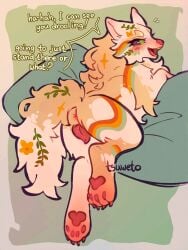 2026 3:4 animal_genitalia animal_vulva anus blush canid canine canine_genitalia canine_vulva canis cheek_tuft claws clip_studio_paint_(artwork) dialogue digital_drawing_(artwork) digital_media_(artwork) english_text eyelashes facial_tuft feet female feral flat_colors fluffy fluffy_tail fur genitals green_background hi_res hindpaw inviting_to_sex inviting_viewer long_eyelashes lying mammal neck_tuft on_front open_mouth open_smile pansy_(flipside) pawpads paws pillow pink_anus pink_claws pink_nose pink_pawpads pink_vulva rear_view simple_background smile smiling_at_viewer solo tail talking_to_viewer teasing teasing_viewer text tsuweto tuft vulva wolf yellow_body yellow_fur