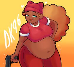 belly big_belly big_breasts chubby chubby_female daisykitty96 dark-skinned_female fat female gun huge_belly midriff zadie_(daisykitty96)