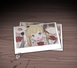 3girls black_hair blonde_hair blue_eyes bow brown_hair cum faceless faceless_female group_picture healthyman highres long_hair looking_at_viewer multiple_girls open_mouth original photo_(object) red_bow school_uniform shirt smile standing twintails white_shirt