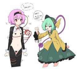 ? ?? @_@ akirama black_hat buttons covered_nipples covered_pussy disembodied_linked_eye eyeball frilled_shirt_collar frilled_sleeves frills hair_ornament hairband hat heart heart_button heart_hair_ornament highres hypnosis komeiji_koishi komeiji_satori mind_control pink_eyes pink_hair reverse_bunnysuit reverse_outfit ribbon-trimmed_collar ribbon_trim siblings sisters subterranean_animism touhou translation_request