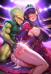 1boy 1girls saibaman dragon_ball yamashiro_ren defeated humiliation anal spanking hand_on_head scared afraid looking_back looking_at_another evil_grin cum cum_in_ass cum_drip raped_female colosseum arena mato_seihei_no_slave highres ai_generated size_difference alien femsub maledom defeated_heroine defeat_sex big_breasts purple_hair interspecies_sex interspecies