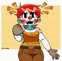 ennuikalart original original_character oc clown_(ennuikal) no_background white_background stripes red_hair short_hair white_skin white_skinned_female clown_nose blush blush_makeup sharp_teeth mob_face black_eyes brown_gloves brown_jacket brown_jeans belt belt_buckle orange_shirt boobs breasts cleavage medium_breasts slim_waist thick_thighs collarbone