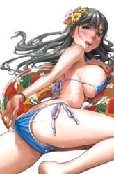 :q ass bare_legs barefoot bikini bikini_pull blue_bikini blue_eyes breasts cum cum_on_ass cum_on_body cum_on_breasts cum_on_clothes cum_on_upper_body facial female flower hair_flower hair_ornament highres innertube large_breasts leg_up long_hair looking_at_viewer looking_back lying naruko_hanaharu naughty_face original scan side-tie_bikini sideboob silver_hair solo string_bikini swimsuit tongue tongue_out underboob wristband