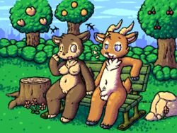 animal_crossing animal_genitalia antelope anthro balls beau_(animal_crossing) breasts casual_nudity cervine deer digital_media_(artwork) duo fauna_(animal_crossing) female flygon_(artist) fur furry furry_only jakecat male mammal nintendo nude one_eye_closed penis pixel_art pussy sheath shortstack sitting tail video_games