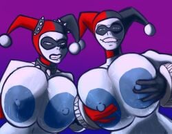 2girls areolae batman_(series) big_areola big_boobs big_breasts big_nipples blue_eyes breasts breasts_bigger_than_head breasts_out clown clown_girl curvy curvy_female dc dc_comics duo duo_female female female_focus female_only harley_quinn harley_quinn_(classic) huge_breasts jester jester_hat large_breasts massive_areolae massive_breasts nipples punk punk_girl punk_harley_quinn_(superbone) spiked_collar superbone villainess