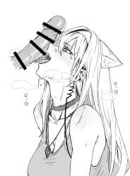 1boy 1girl absurdres animal_ears arknights bar_censor breasts censored choker disembodied_penis extra_ears fellatio from_side greyscale hetero highres horn_(arknights) jewelry kyoro_(kyoroillust) large_breasts licking licking_penis long_hair monochrome necklace open_mouth oral penis shirt sleeveless sleeveless_shirt solo_focus tongue tongue_out upper_body