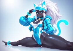 cat_ears fake_cat_ears black_body black_skin female solo clothing clothed tight_clothing hat cat_tail catgirl cleavage blue_eyes pussy_visible_through_clothes cameltoe accessory white_hair swimsuit blushing puffy_jacket nipples_visible_through_clothing bell_collar spread_legs looking_at_viewer ai ai_generated