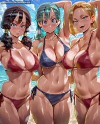 3girls :d ai_generated android_18 aqua_hair arm_behind_head arm_up armpits arms_behind_back bangs beach bikini black_hair blonde_hair blue_bikini blue_eyes blue_sky blush breasts bulma bulma_(dragon_ball) bulma_briefs cleavage closed_mouth cloud collarbone cowboy_shot dandanhub day dragon_ball large_breasts long_hair looking_at_viewer low_twintails medium_hair multiple_girls navel ocean open_mouth outdoors patreon_username red_bikini shiny short_hair side-tie_bikini_bottom sky smile standing stomach swimsuit tan tanlines toned twintails videl water wet