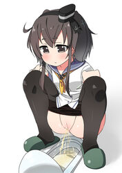 black_eyes black_hair black_legwear blue_sailor_collar blush eyebrows_visible_through_hair female female full_body green_footwear kantai_collection long_sleeves looking_down matching_hair/eyes minamimachi_naname neckerchief pantyhose pantyhose_pull peeing pussy sailor_collar shiny_skin shirt short_hair simple_background slippers solo spread_legs squat_toilet squatting textless toilet toilet_use tokitsukaze_(kantai_collection) uncensored white_background white_shirt yellow_neckwear