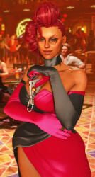 1girls 3d asymmetrical_clothes asymmetrical_gloves asymmetrical_hair bare_shoulders between_breasts black_choker black_dress black_gloves blurry_background breasts casino chandelier choker cleavage clothing cocktail_dress cowboy_shot crimson_viper dark-skinned_female dark_skin dress earrings elbow_gloves evening_gown eyeshadow female formal gloves green_eyes gun holding jewelry large_breasts lips lipstick looking_at_viewer makeup mismatched_gloves mohawk monocle multicolored_clothes multicolored_dress multicolored_gloves multiple_boys necklace photo_background pince-nez pink_dress pink_gloves pompadour red_dress red_hair red_lips ring screenshot short_hair side_slit sitting smile solo_focus standing strapless strapless_dress street_fighter_6 two-tone_dress two-tone_gloves weapon