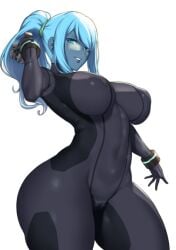 1girls ass aster_crowley big_ass bodysuit dark fit_female hourglass_figure large_breasts long_hair metroid ponytail samus_aran slim_waist solo thick_thighs wide_hips