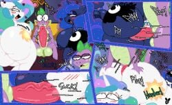 2026 4_panel_comic absurd_res ambiguous_penetration anthro areola balls bed big_breasts big_butt big_penis black_eyes blue_text blush blush_lines bodily_fluids breasts butt comic cum cum_inside dialogue dragon ellipsis english_text equid equine exclamation_point eyebrows eyelashes eyeshadow fellatio female friendship_is_magic furniture genital_fluids genitals green_text group hair hasbro heart_symbol hi_res horn horse looking_at_another luanctoons makeup male male/female mammal motion_lines mouth_closed my_little_pony mythological_creature mythological_scalie mythology nipples on_bed open_mouth open_smile oral oral_penetration penetration penile penile_penetration penis pony princess_luna_(mlp) profanity purple_text queen_chrysalis_(mlp) scalie sex sitting smile sound_effects spike_(mlp) talking_to_another text tongue tongue_out trio white_sclera white_text