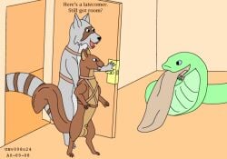 almost_fully_inside anthro balls brown_body brown_fur colored door feet feral fur genitals green_body green_scales grey_body grey_fur group harness harness_only head_first inside larger_pred male male/male mammal oral_vore penis procyonid raccoon reptile rodent scales scalie sciurid size_difference smile snake surprised tail tree_squirrel urbanhermit vore