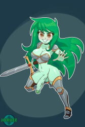armor armored_female balls bottomless bottomless_futa equestria_girls freckles futanari glans green_hair green_skin grin joruze my_little_pony my_little_pony_equestria_girls pauldrons penis sword testicles veiny_penis wallflower_blush_(eg) warrior weapon