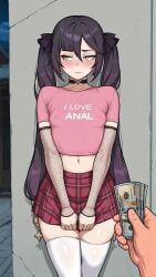 adjusting_hair ai_generated anal_love banknote before_anal before_sex blush breasts clothed_female covered_nipples crop_top dollar_bills flat_chest genshin_impact holding_money hoyoverse love_anal miniskirt mona_(genshin_impact) money night no_bra outdoors perky_breasts pink_shirt plaid_skirt pov_hands print_shirt prostitution shy small_breasts thick_thighs thighhighs white_thighhighs whore wide_hips