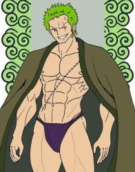 one_piece unknown_artist kimono_pull fundoshi fundoshi_only underwear underwear_only half_naked half_nude sensual sexy_body exibitionism dated simple_artstyle post-timeskip pecs pectorals roronoa_zoro bara barazoku bara_tits bara_tiddies bara_body 1boy male male_only male_focus manly masculine_male gay muscles yaoi solo solo_focus solo_male muscular muscular_male defined_muscles hairless hunk beefy tough_guy bigger_male larger_male tall_male taller_male broad_shoulders scars scar scar_on_face scar_across_eye scar_on_chest green_hair japanese_male earrings pirate abs six_pack looking_at_viewer smile frown frowning