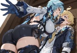 ai_generated huge_breasts breasts ass huge_ass tight_clothing dominant domination kabedon genshin_impact hoyoverse low-angle_view ass_focus from_below eula_(genshin_impact) mika_(genshin_impact) grin covering_mouth outdoors behind_wall