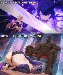 1girls 2boys 2koma aether_(genshin_impact) ai_generated bald big_ass big_cock big_penis blonde-haired_male dark-skinned_male edit english_text hoyoverse japanese_clothes kneeling light-skinned_female long_hair mihoyo muscular_male panties raiden_shogun sitting sword