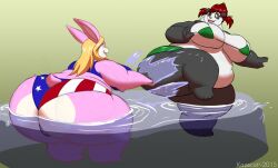 kazecat multiple_girls overweight_anthro panda_girl playing rabbit_girl swimming_pool swimsuit