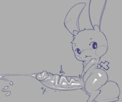 1boy big_ass chubby chubby_anthro chubby_male gaizo hyper hyper_balls hyper_penis looking_at_viewer male_only monochrome nintendo penis_bigger_than_body plusle pokemon pokemon_(species) precum precum_drip precum_string tagme veiny_penis