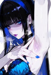 1girl aetera after_exercise ai_generated angry annoyed arm_up armpit armpit_crease armpit_fetish armpit_focus armpit_sniffing armpit_spread bare_arms black_collar black_hair blue_bra blue_clothing blue_eyes blue_fingernails blue_hair blue_hairband blue_lingerie blue_nails blunt_bangs body_odor boobs breasts breath breath_cloud colored_inner_hair distel_(the_witchs_fabulous_cracker_show) exhausted eyeshadow female female_focus female_only fetish hairband lingerie lingerie_bra long_hair looking_at_viewer makeup odor pale-skinned_female pale_skin plump_lips posing_for_the_viewer presenting_armpit purple_eyeshadow purple_lips purple_lipstick revealing sexy_armpits sexy_pose shaded_face side_view simple_background smelling smelly_armpits spread_armpit spreading_armpit steam steaming_body steamy_armpits straight_hair sweat sweaty sweaty_armpits the_witchs_fabulous_cracker_show thick_lips tits underwear upper_body white_background