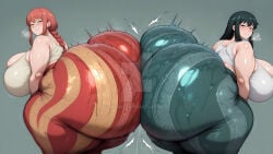2girls ai_generated big_breasts booty_focus chainsaw_man deviantart hyper_ass makima_(chainsaw_man) missmtf smiling_at_viewer spy_x_family tight_clothing watermark yor_forger