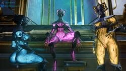absurd_res big_breasts big_butt bikini blue_body bottomless breasts butt claws clothed clothing dominant dominant_female feet female genitals glowing glowing_body glowing_genitalia glowing_markings glowing_vulva hi_res humanoid looking_at_viewer low-angle_view machine markings pink_body robot robot_humanoid samtrix side_boob sitting small_breasts standing swimwear talons thick_thighs toes two-piece_swimsuit valkyr_(warframe) valkyr_heirloom_(warframe) vulva warframe yellow_body