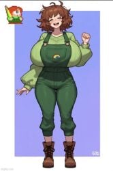 80s 90s aged_up ai_generated boots brown_boots brown_hair bub_(bubble_bobble) bubble_bobble genderswap green_clothing green_overalls green_sweater huge_breasts massive_breasts original_design rainbow rainbow_islands short_hair smile smiling_at_viewer square_enix straining_clothing taito thick_thighs wide_hips