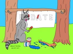 ambiguous_gender angry balls banner blue_paint colored covered_in_paint duo feral fur genitals grey_body grey_fur male mammal orange_body orange_fur outside paint paint_bucket painting_(action) plant procyonid raccoon red_paint rodent running sciurid tail tree tree_squirrel urbanhermit