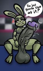 angry annoyed anthro big_penis bodily_fluids five_nights_at_freddy's five_nights_at_freddy's_4 genital_fluids genitals hi_res hyper lagomorph leporid male mammal penis plushtrap_(fnaf) precum presenting rabbit scottgames solo taillove throbbing throbbing_penis vein