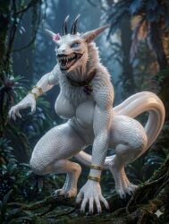 meera synx milf female_alien ai_generated blue_eyes large_breasts white_fur white_body forest claws snarling