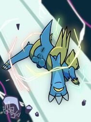 absurd_res action_pose animal_genitalia anus backsack balls butt claws darkened_genitalia eggboya electricity feral generation_3_pokemon genitals hi_res jumping male manectric nintendo paws penis pokemon pokemon_(species) pose raised_tail rear_view sheath solo tail turned_away