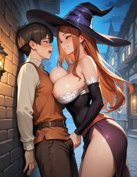 1boy 1girl against_wall ai_generated assertive_female bare_shoulders belt blush breast_press brown_eyes brown_hair bulge crotch crotch_grab detached_sleeves dragons_crown dress erection erection_under_clothes female_domination femdom from_side grin hat large_breasts long_hair long_sleeves looking_at_another medieval naughty_face night nipples open_mouth outdoors pants satisfied_look shirt side_slit sky smile sorceress_(dragon's_crown) standing strapless strapless_dress thighs white_shirt witch_hat