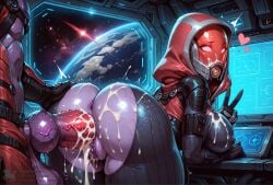 tali'zorah_nar_rayya quarian bioware mass_effect alien alien_girl alien_humanoid bodysuit latex_suit latex_bodysuit skinsuit helmet helmet_with_visor visor hood_up hood glowing_eyes indoors space spacecraft spaceship spacesuit spaceship_interior light-skinned_female purple_skin mature_female thick_thighs voluptuous voluptuous_female ai_generated creamhorseai blush curvy curvy_female curvy_figure fit fit_female high_resolution highres horny horny_female hourglass_figure huge_ass huge_breasts big_ass big_breasts big_butt mature perfect_body seductive seductive_look erect_nipples female big_balls big_penis huge_balls huge_cock hyper_balls testicles male male/female massive_balls massive_penis nubbed_penis ribbed_penis alien_penis knot knotted_penis purple_penis alien_boy from_behind from_behind_position doggy_style bending_over bending_forward looking_back vaginal_penetration vagina vaginal_sex vaginal motion_lines hearts_around_head v_sign cum cum_inside cum_in_pussy cum_drip cum_on_body cum_on_breasts