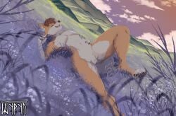 absurd_res andromorph animal_genitalia anthro brown_hair canid canine canis cloud digital_media_(artwork) domestic_dog eyes_closed flower fur genitals grass hair happy hari hi_res hill intersex lying mammal mountain nude on_back open_mouth orange_body orange_fur plant purple_flower sheath shiba_inu short_hair shyryp signature sky smile solo spitz sunset tail tan_body tan_fur tongue vulva white_body white_fur