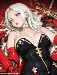 1girl ai_generated arlequin097 bare_shoulders black_dress breasts chain choker cleavage collarbone cross doll_joints dress earrings edelgard_von_hresvelg elbow_gloves fire_emblem fire_emblem:_three_houses gloves holding holding_weapon jewelry joints large_breasts lips long_hair looking_at_viewer lying mechanical_arms on_back parted_lips prosthesis prosthetic_arm purple_eyes red_gloves red_lips single_mechanical_arm solo strapless strapless_dress sword weapon white_hair