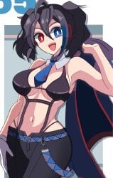 ruko_yokune heterochromia 1other intersex 1girl breasts big_breasts straps coat_removed tie