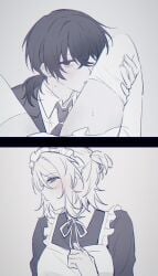 blushing faust_(limbus_company) limbus_company maid maid_uniform monochrome project_moon stockings tagme yi_sang_(limbus_company)