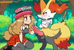 1boy 1girls ai_assisted ai_generated braixen dlewdedai handjob male_braixen pokemon pokephilia serena_(pokemon) tsundere