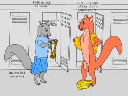 anthro balls blue_clothing bottomwear clothing colored dialogue duo female fur genitals grey_body grey_fur harness locker locker_room male mammal orange_body orange_fur penis rodent sciurid skirt tail text topwear tree_squirrel undressing urbanhermit vest