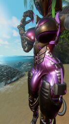 vrchat vrchat_avatar vrchat_model vrchat_media 3d 3d_model queenstarvr futanari futa_only beach_background beach clothed_futa breasts slim_waist robotic_limbs cock_under_clothes bulge_through_clothing bulge clothed