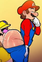 ai_generated analingus ass_bigger_than_head ass_sweat dumptruck_ass eating_ass eycocho gay gay_couple gay_rimjob mario mario_(series) nintendo pants_down rimming rimming_male sweaty_ass wario wario_(series) yaoi