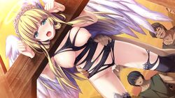 agnes_(sankai_ou_no_yubiwa) angel blonde_hair blue_eyes cum cum_in_pussy eushully humiliation onlookers pillory public_sex sankai_ou_no_yubiwa