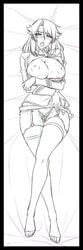 bed blush breasts censored female full_body kagami_hirotaka kangoku_senkan large_breasts lieri_bishop looking_at_viewer lying maid monochrome nipples no_bra pussy_juice rieri_bishop saliva sex_toy sketch sweat thong