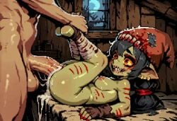paigen ai_generated original original_character pepper_(paigen) monster_girl horror horror_(theme) 1girls female nipples pussy breasts medium_breasts red_nipples goblin goblin_female green_skin black_hair long_hair ponytail hair_tie hair_tied hat red_hat patchwork_clothes red_eyes yellow_sclera bloodshot_eyes large_ears pointy_ears torn_ears ripped_ear jewelry earrings teeth sharp_teeth short_female blood bleeding cuts scratches wrappings bandages gloves fingerless_gloves stirrup_legwear sharp_nails sharp_toenails red_nails red_toenails redcap 1boy male penis cum cumdrip ejaculation vaginal_penetration vaginal vaginal_sex cum_in_pussy balls hand_on_foot holding_feet pixel_art
